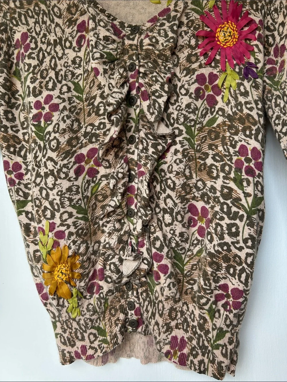 sparrow Beige Cardigan with Pink & Green Floral Accents - Small